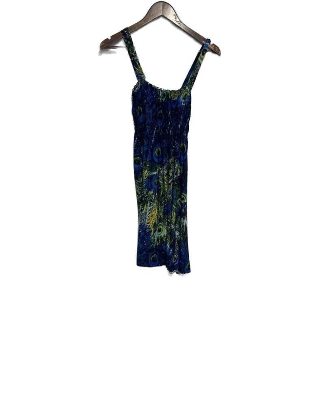 Ace Fashion Peacock Feather Print Smocked Bodice Sleeveless Summer Dress XL